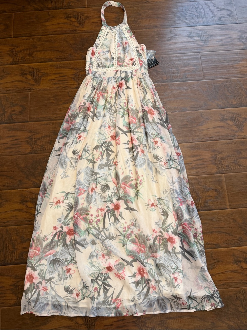 Boston Proper Cream Halter Maxi Dress with Pink & Green Floral Print